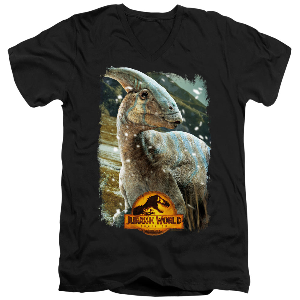 AN OFFCIALLY LICENSED JURASSIC WORLD PARASAUROLOPHUS BEAUTY SHOT MEN'S V-NECK T-SHIRT BLACK