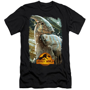 AN OFFCIALLY LICENSED JURASSIC WORLD PARASAUROLOPHUS BEAUTY SHOT MEN'S PREMIUM SLIM FIT T-SHIRT BLACK