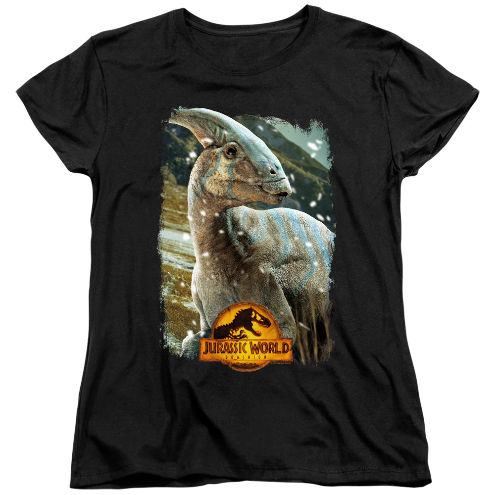 AN OFFCIALLY LICENSED JURASSIC WORLD PARASAUROLOPHUS BEAUTY SHOT WOMEN'S REGULAR FIT T-SHIRT BLACK