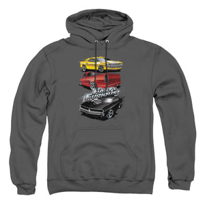 AN OFFCIALLY LICENSED FAST AND THE FURIOUS MUSCLE CAR SPLATTER ADULT UNISEX PULLOVER HOODIE CHARCOAL