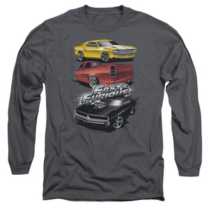 AN OFFCIALLY LICENSED FAST AND THE FURIOUS MUSCLE CAR SPLATTER MEN'S LONG SLEEVE T-SHIRT CHARCOAL