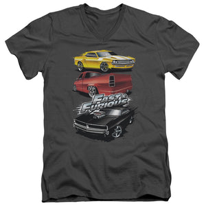 AN OFFCIALLY LICENSED FAST AND THE FURIOUS MUSCLE CAR SPLATTER MEN'S V-NECK T-SHIRT CHARCOAL