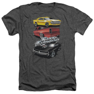 AN OFFCIALLY LICENSED FAST AND THE FURIOUS MUSCLE CAR SPLATTER MEN'S HEATHER T-SHIRT CHARCOAL