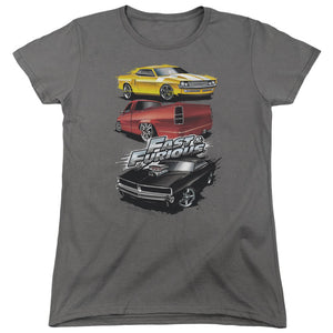 AN OFFCIALLY LICENSED FAST AND THE FURIOUS MUSCLE CAR SPLATTER WOMEN'S REGULAR FIT T-SHIRT BLACK