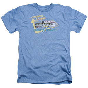 AN OFFCIALLY LICENSED AMERICAN GRAFFITI MELS DRIVE IN MEN'S HEATHER T-SHIRT LIGHT BLUE