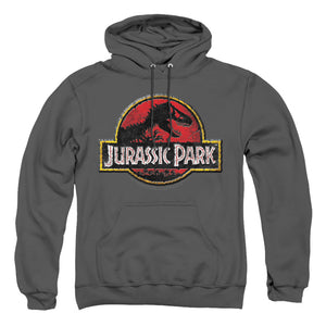 AN OFFCIALLY LICENSED JURASSIC PARK STONE LOGO ADULT UNISEX PULLOVER HOODIE CHARCOAL