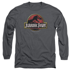 AN OFFCIALLY LICENSED JURASSIC PARK STONE LOGO MEN'S LONG SLEEVE T-SHIRT CHARCOAL