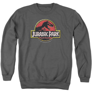 AN OFFCIALLY LICENSED JURASSIC PARK STONE LOGO ADULT UNISEX CREWNECK SWEATSHIRT CHARCOAL