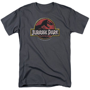 AN OFFCIALLY LICENSED JURASSIC PARK STONE LOGO MEN'S REGULAR FIT T-SHIRT CHARCOAL