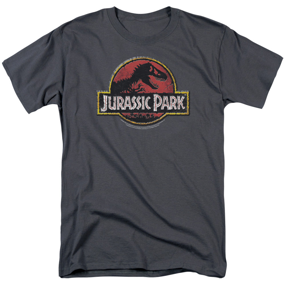 AN OFFCIALLY LICENSED JURASSIC PARK STONE LOGO MEN'S REGULAR FIT T-SHIRT CHARCOAL