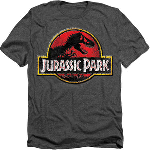 AN OFFCIALLY LICENSED JURASSIC PARK STONE LOGO MEN'S HEATHER T-SHIRT CHARCOAL
