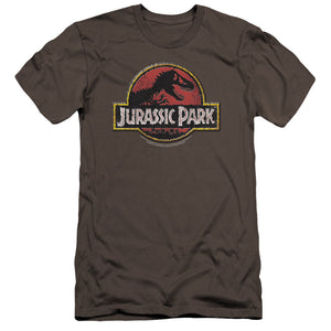 AN OFFCIALLY LICENSED JURASSIC PARK STONE LOGO MEN'S PREMIUM SLIM FIT T-SHIRT CHARCOAL