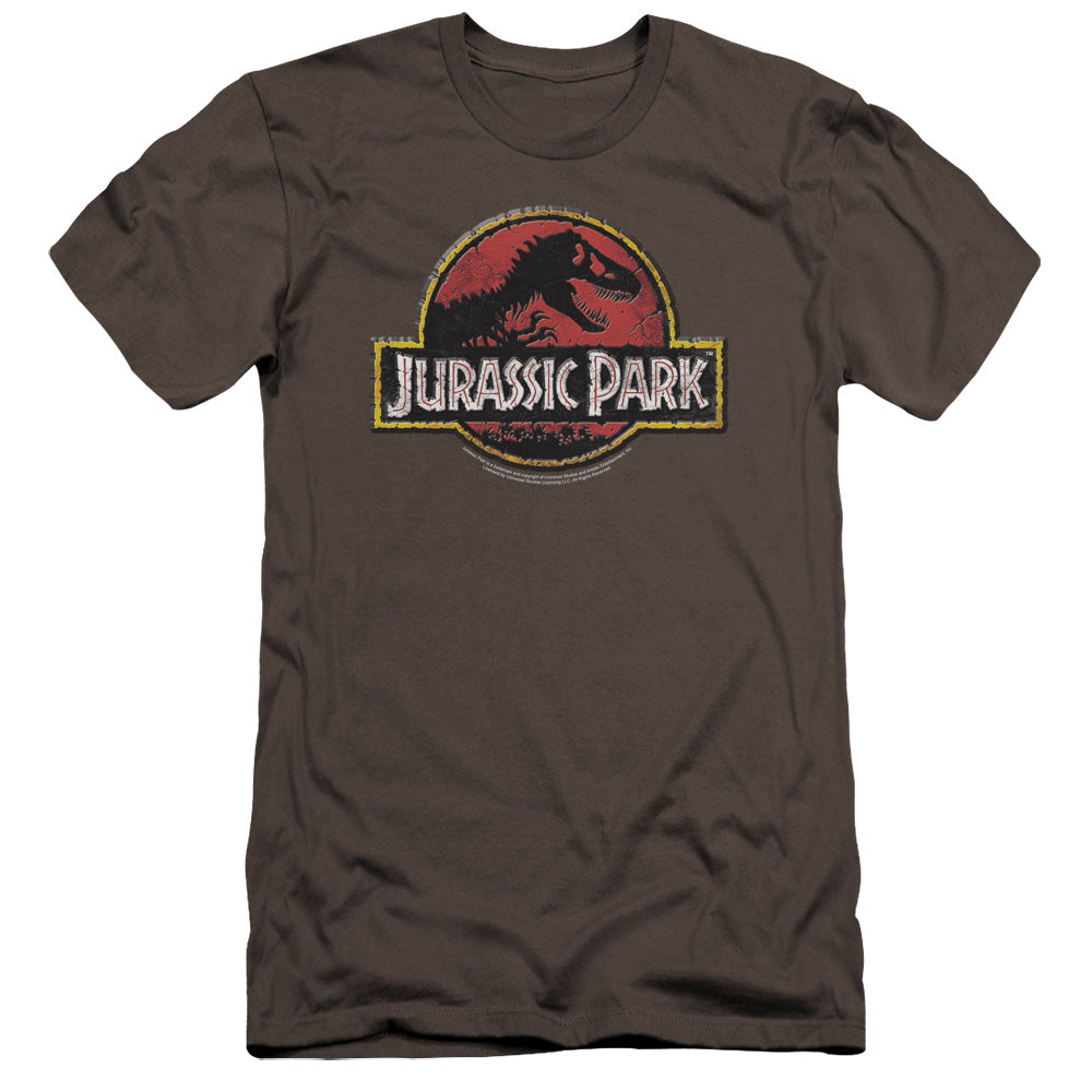 AN OFFCIALLY LICENSED JURASSIC PARK STONE LOGO MEN'S PREMIUM SLIM FIT T-SHIRT CHARCOAL