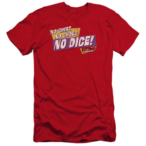 AN OFFCIALLY LICENSED FAST TIMES RIDGEMONT HIGH NO DICE MEN'S PREMIUM SLIM FIT T-SHIRT RED