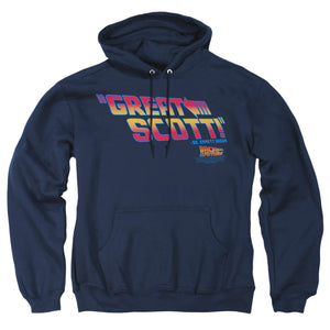AN OFFCIALLY LICENSED BACK TO THE FUTURE GREAT SCOTT ADULT UNISEX PULLOVER HOODIE NAVY