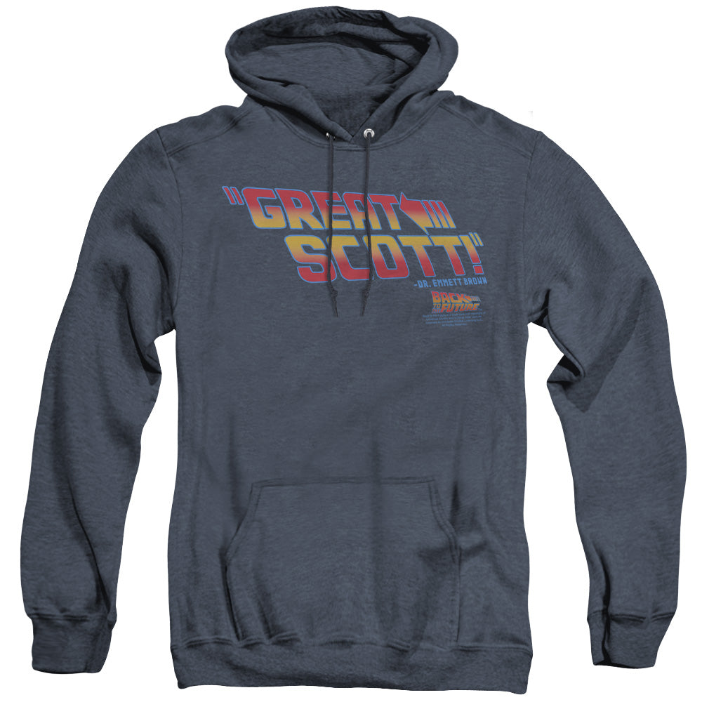 AN OFFCIALLY LICENSED BACK TO THE FUTURE GREAT SCOTT ADULT UNISEX HEATHER PULLOVER HOODIE NAVY