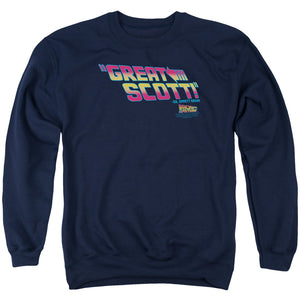 AN OFFCIALLY LICENSED BACK TO THE FUTURE GREAT SCOTT ADULT UNISEX CREWNECK SWEATSHIRT NAVY