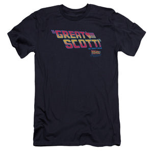 AN OFFCIALLY LICENSED BACK TO THE FUTURE GREAT SCOTT MEN'S PREMIUM SLIM FIT T-SHIRT NAVY