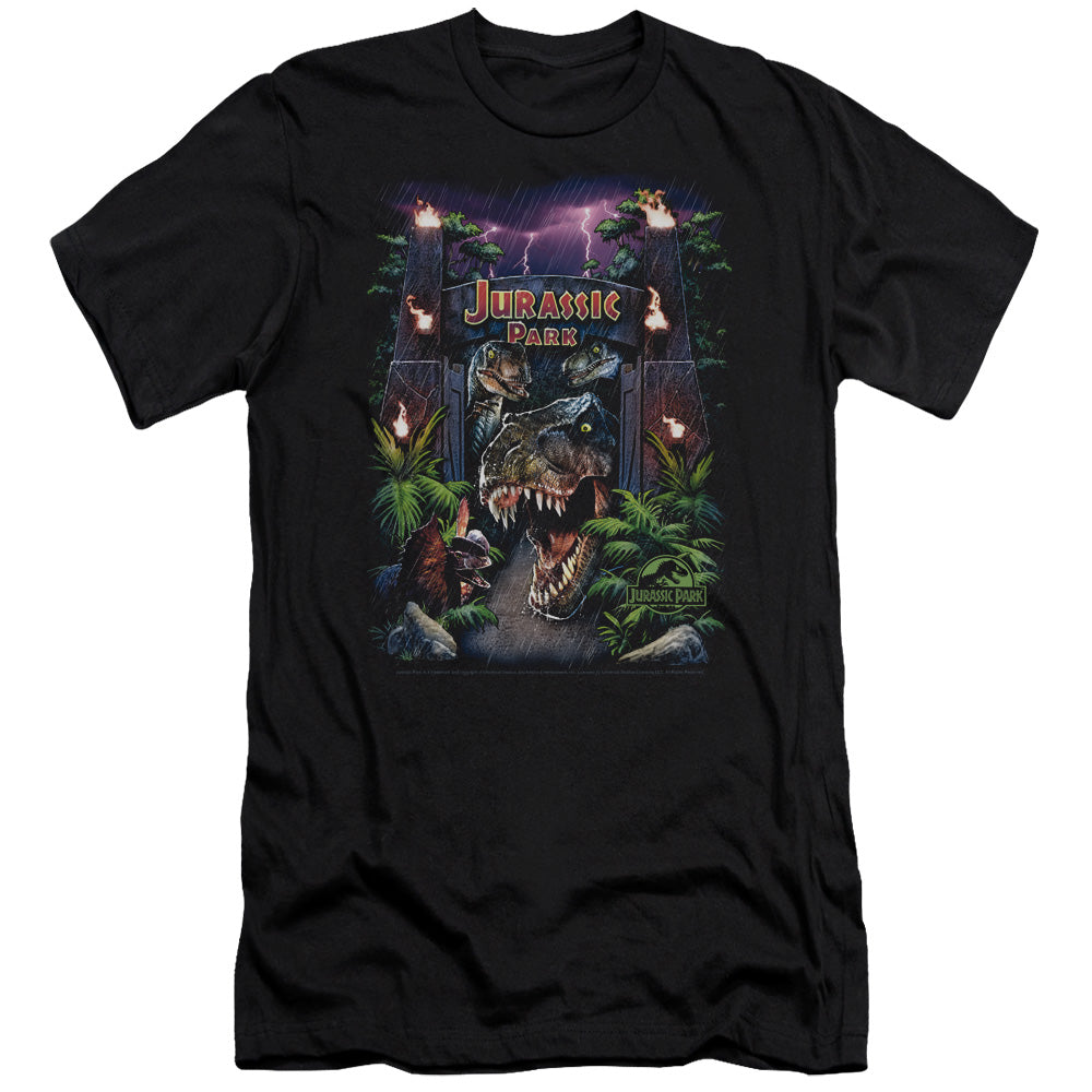 AN OFFCIALLY LICENSED JURASSIC PARK WELCOME TO THE PARK MEN'S PREMIUM SLIM FIT T-SHIRT BLACK