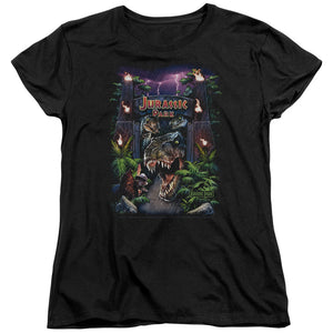 AN OFFCIALLY LICENSED JURASSIC PARK WELCOME TO THE PARK WOMEN'S REGULAR FIT T-SHIRT BLACK