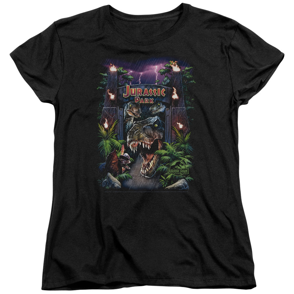 AN OFFCIALLY LICENSED JURASSIC PARK WELCOME TO THE PARK WOMEN'S REGULAR FIT T-SHIRT BLACK