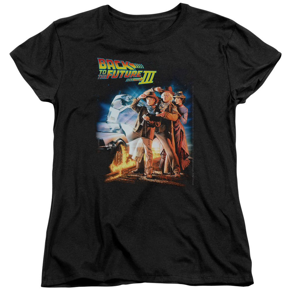 AN OFFCIALLY LICENSED BACK TO THE FUTURE III POSTER WOMEN'S REGULAR FIT T-SHIRT BLACK