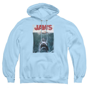 AN OFFCIALLY LICENSED JAWS TITLE ADULT UNISEX PULLOVER HOODIE LIGHT BLUE