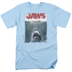 AN OFFCIALLY LICENSED JAWS TITLE MEN'S REGULAR FIT T-SHIRT LIGHT BLUE