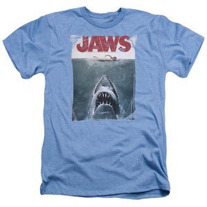 AN OFFCIALLY LICENSED JAWS TITLE MEN'S HEATHER T-SHIRT LIGHT BLUE