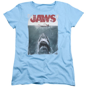 AN OFFCIALLY LICENSED JAWS TITLE WOMEN'S REGULAR FIT T-SHIRT LIGHT BLUE