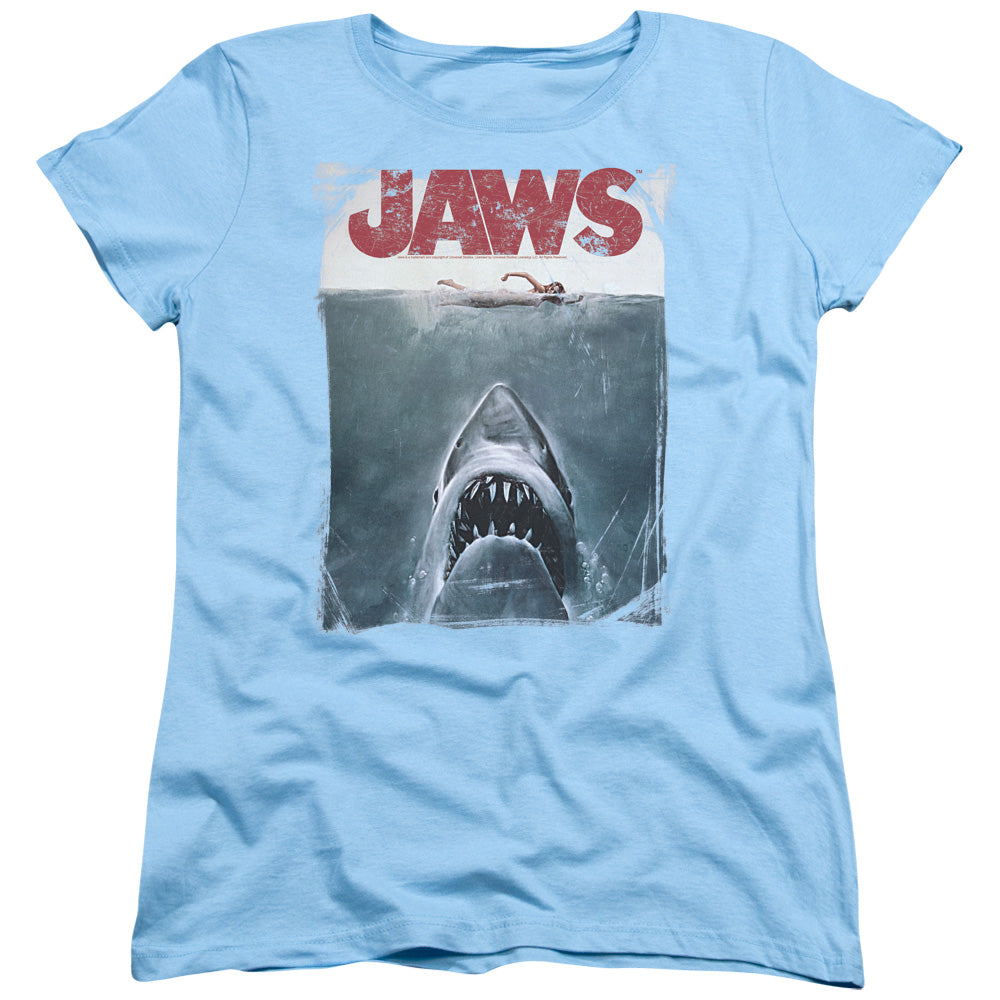 AN OFFCIALLY LICENSED JAWS TITLE WOMEN'S REGULAR FIT T-SHIRT LIGHT BLUE