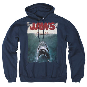 AN OFFCIALLY LICENSED JAWS TITLE ADULT UNISEX PULLOVER HOODIE NAVY