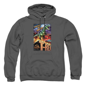 AN OFFCIALLY LICENSED JURASSIC PARK REX IN THE CITY ADULT UNISEX PULLOVER HOODIE CHARCOAL