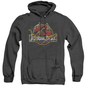 AN OFFCIALLY LICENSED JURASSIC PARK SOMETHING HAS SURVIVED ADULT UNISEX HEATHER PULLOVER HOODIE BLACK