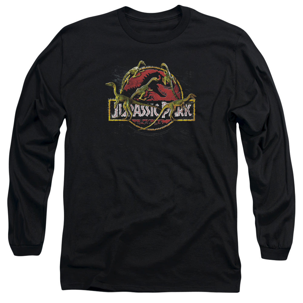 AN OFFCIALLY LICENSED JURASSIC PARK SOMETHING HAS SURVIVED MEN'S LONG SLEEVE T-SHIRT BLACK