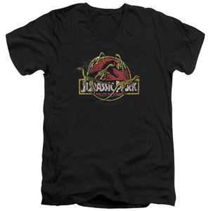 AN OFFCIALLY LICENSED JURASSIC PARK SOMETHING HAS SURVIVED MEN'S V-NECK T-SHIRT BLACK