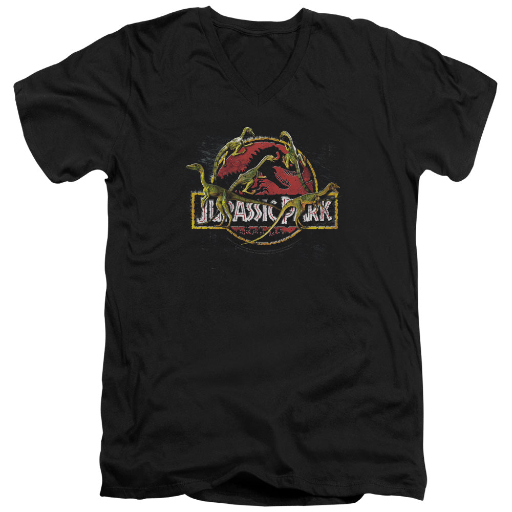 AN OFFCIALLY LICENSED JURASSIC PARK SOMETHING HAS SURVIVED MEN'S V-NECK T-SHIRT BLACK