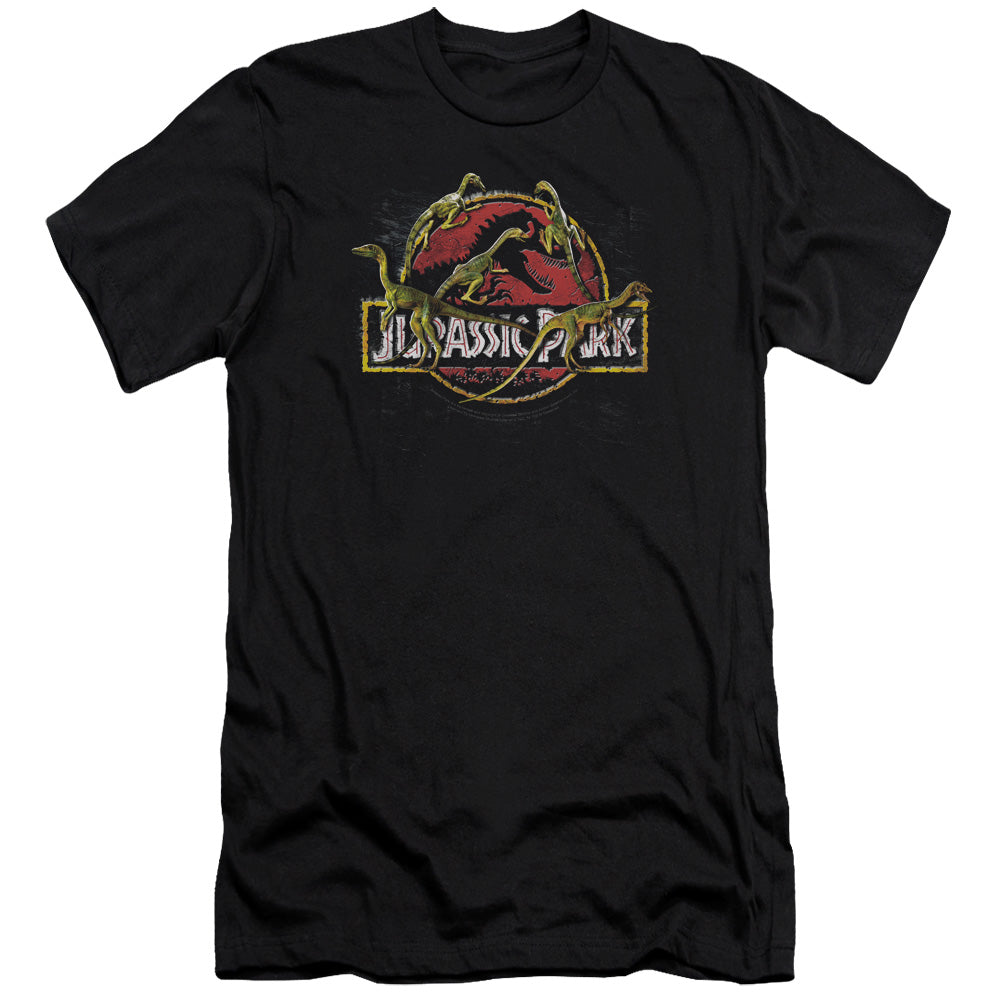 AN OFFCIALLY LICENSED JURASSIC PARK SOMETHING HAS SURVIVED MEN'S PREMIUM SLIM FIT T-SHIRT BLACK