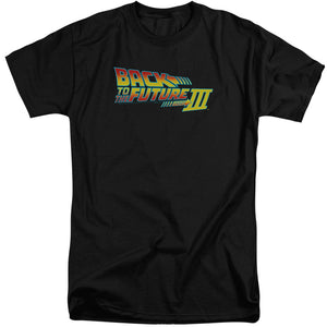 AN OFFCIALLY LICENSED BACK TO THE FUTURE III LOGO MEN'S TALL FIT T-SHIRT BLACK