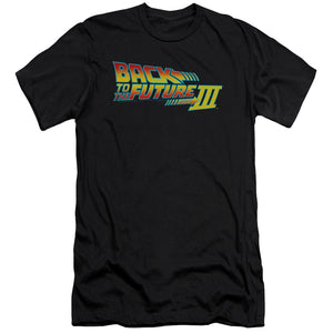 AN OFFCIALLY LICENSED BACK TO THE FUTURE III LOGO MEN'S PREMIUM SLIM FIT T-SHIRT BLACK