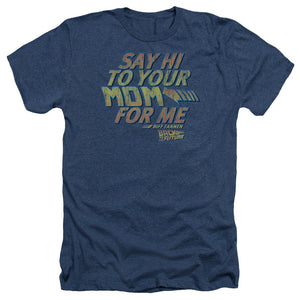 AN OFFCIALLY LICENSED BACK TO THE FUTURE SAY HI MEN'S HEATHER T-SHIRT NAVY