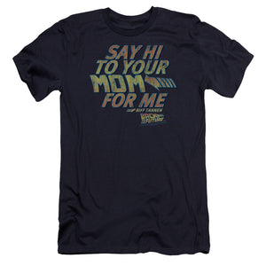 AN OFFCIALLY LICENSED BACK TO THE FUTURE SAY HI MEN'S PREMIUM SLIM FIT T-SHIRT NAVY