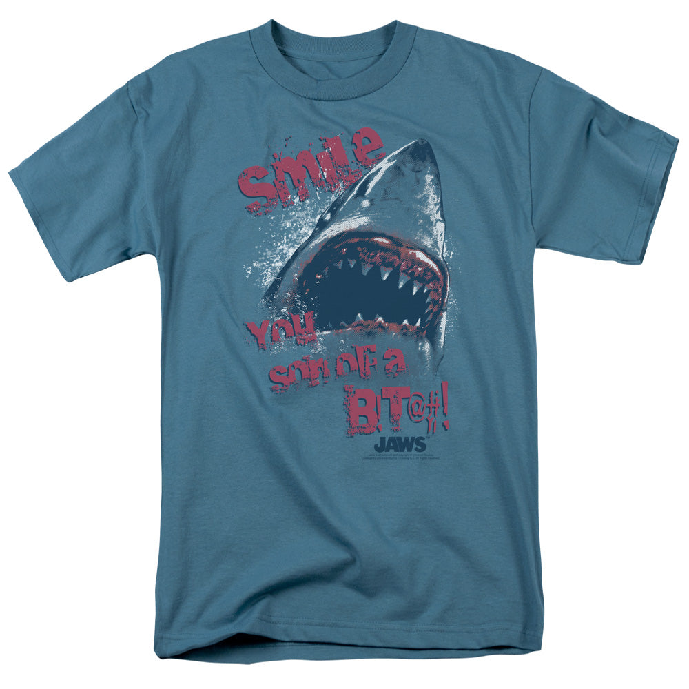 AN OFFCIALLY LICENSED JAWS SMILE MEN'S REGULAR FIT T-SHIRT SLATE