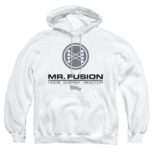 AN OFFCIALLY LICENSED BACK TO THE FUTURE II MR. FUSION LOGO ADULT UNISEX PULLOVER HOODIE WHITE