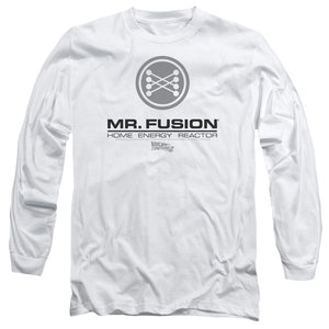AN OFFCIALLY LICENSED BACK TO THE FUTURE II MR. FUSION LOGO MEN'S LONG SLEEVE T-SHIRT WHITE