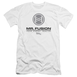 AN OFFCIALLY LICENSED BACK TO THE FUTURE II MR. FUSION LOGO MEN'S PREMIUM SLIM FIT T-SHIRT WHITE