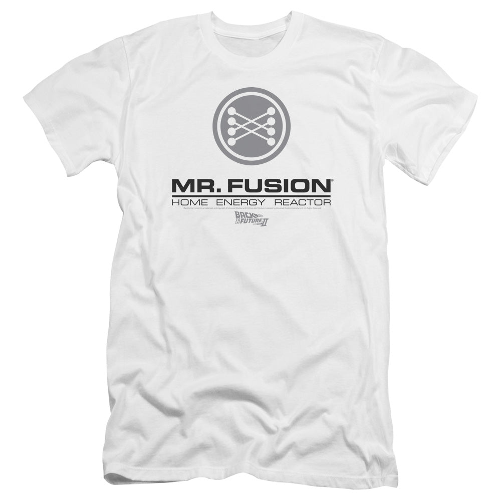 AN OFFCIALLY LICENSED BACK TO THE FUTURE II MR. FUSION LOGO MEN'S PREMIUM SLIM FIT T-SHIRT WHITE