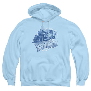 AN OFFCIALLY LICENSED BACK TO THE FUTURE III TIME TRAIN ADULT UNISEX PULLOVER HOODIE LIGHT BLUE