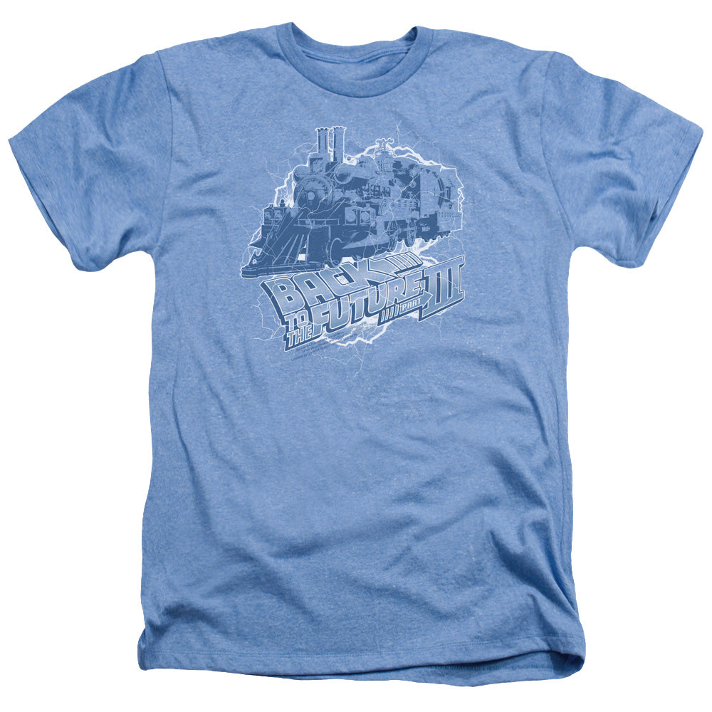 AN OFFCIALLY LICENSED BACK TO THE FUTURE III TIME TRAIN MEN'S HEATHER T-SHIRT LIGHT BLUE