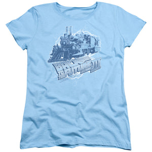 AN OFFCIALLY LICENSED BACK TO THE FUTURE III TIME TRAIN WOMEN'S REGULAR FIT T-SHIRT LIGHT BLUE